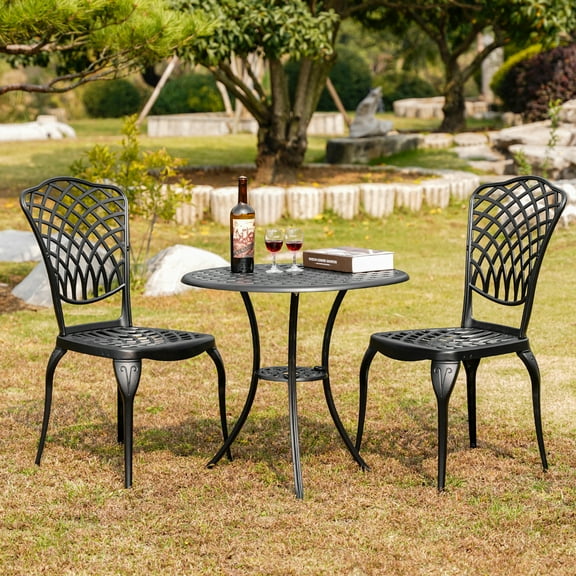 3 Piece Outdoor Bistro Set Cast Aluminum High Back Patio Furniture Table Chairs with Umbrella Hole,  Black