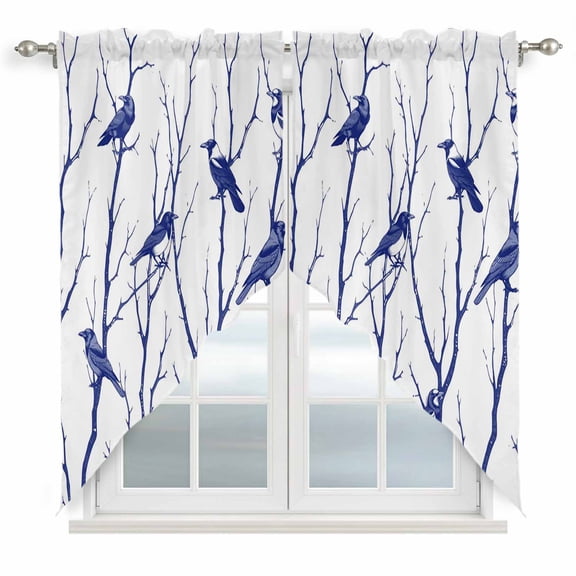 Navy Blue Branches Birds Swag Valances for Windows, Kitchen Window Curtains Over Sink, Abstract Forest Silhouettes Window Treatment Curtains for Living Room/Bedroom Curtains 2 Panel Sets 36"x45"