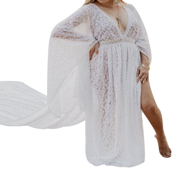 Robe pour Femmes Enceintes Unie en Dentelle Florale Longue Longue à Manches Évasées Robe de Maternité