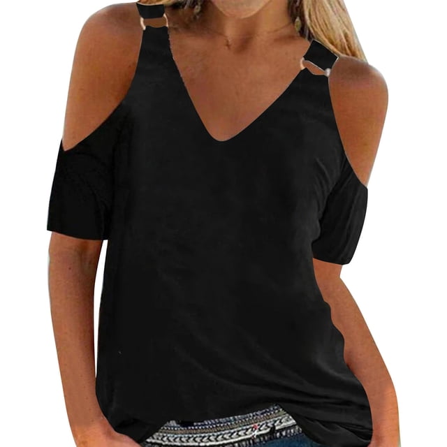 ICHUANYI Clearance Women Summer Sexy T- Shirt Cold Shoulder Pullover Blouse V-Neck Short Sleeve Solid Tops(Black, XXL) ICHUANYI WER2023080702202