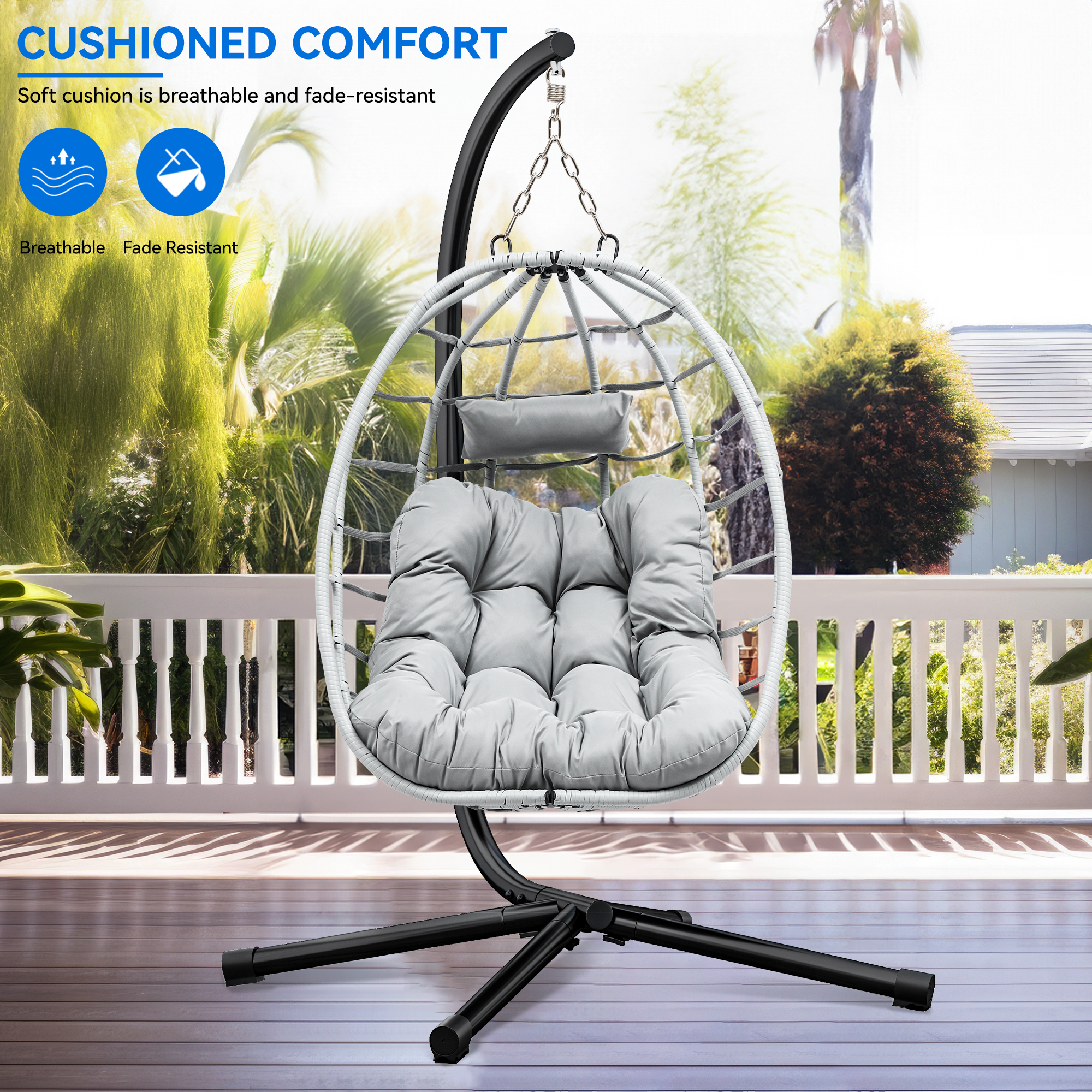 Uforic Egg Chair Swing Hanging Outdoor Wicker Hammock Chairs Indoor with Steel Stand UV Resistant Cushion 330lbs for Patio, Bedroom, Garden and Balcony - Gray