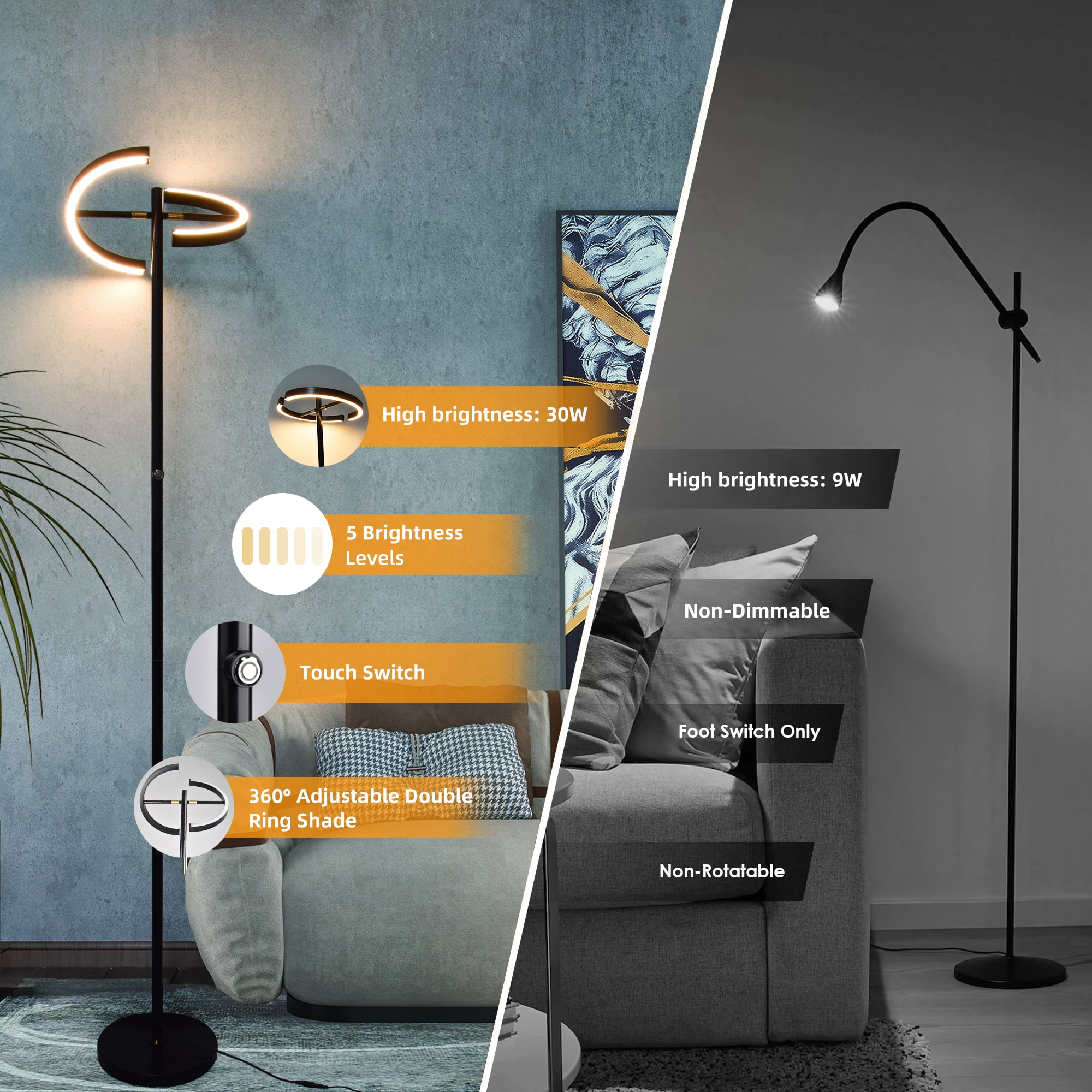 Hlite LED Floor Lamp,Rotatable Standing Lamp with Touch Control, 30W Modern Floor Reading Light,Dimmable Corner Uplighter for Living Room Bedroom Office,Black