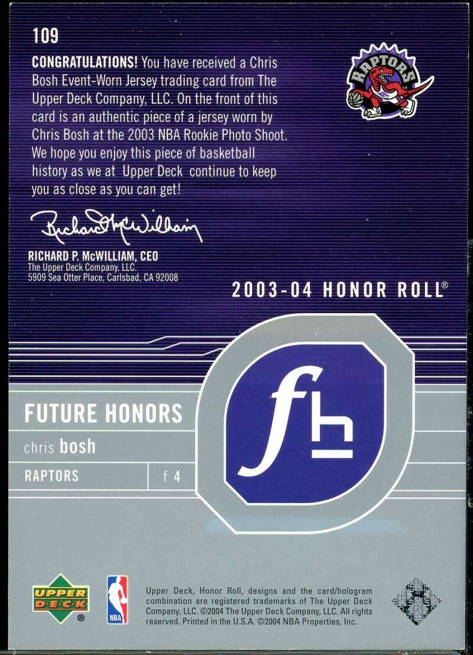 Chris Bosh JSY Rookie Card 2003-04 Upper Deck Honor Roll #109