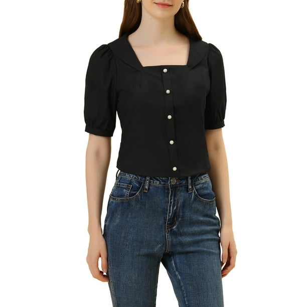 INSPIRAR CHIC Blusa de Algodón de Cuello Cuadrado con Botones para Mujeres de Manga Corta Negra S