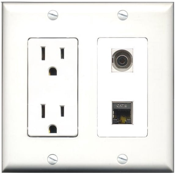 RiteAV - 15 Amp Power Outlet and 1 Port Shielded Cat6 Ethernet and 1 Port 3.5mm Decorative Type Wall Plate White