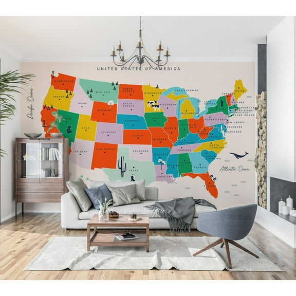 Geographic Non-pasted Wallpaper Wall Mural - US Map With State Names