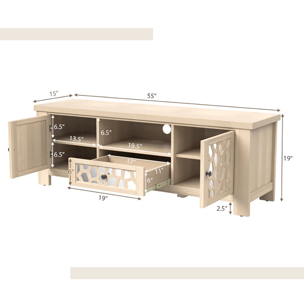 Finihen TV Stand, 55 Inch Retro TV Stand Media Entertainment Center with Mirror Doors and Drawer, for Living Room, Natural