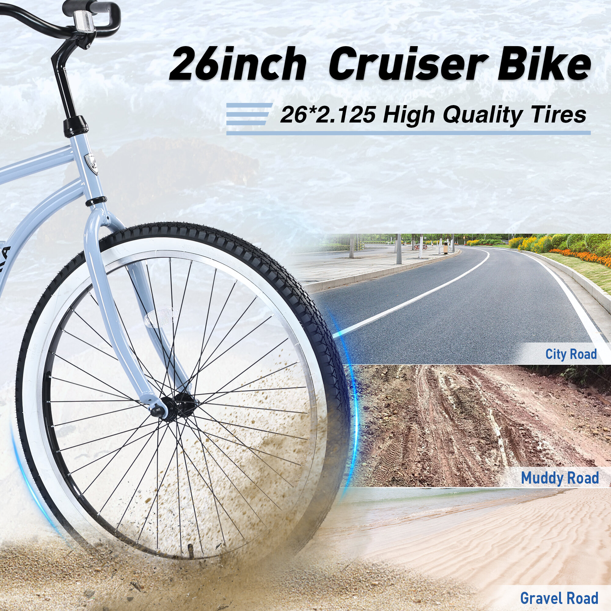 Road Bikes, Single Speed Bicycles 26"Inch,Steel Frame, Wide Wheels for Stability, Rear Coaster Brakes,Multiple ColorsWomen's Beach Cruiser Bike, Blue Mountain Bikes,Steel Bicycles