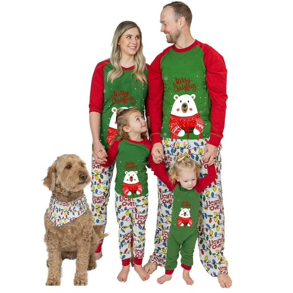 Michellecmm Christmas Family Pajamas Matching Set, Long Sleeve Bear Print T-shirt with Lights Print Pants Sleepwear Loungewear