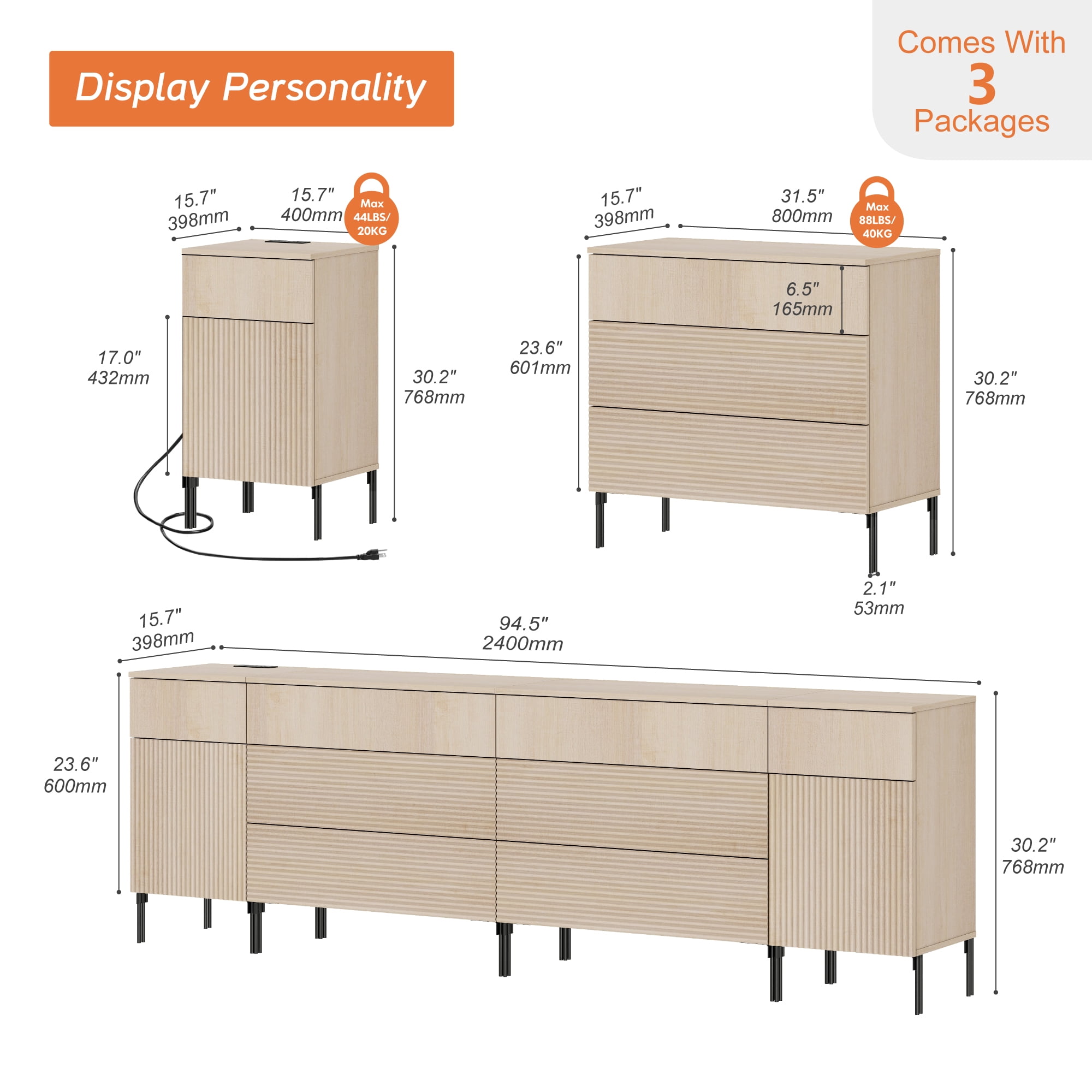 WAMPAT 94.5" Sideboard Cabinet with 7 Drawers and 2 Doors, Modern Fluted Credenza with Charging Station, Push-to-Open Storage Cabinet for Dining Room, Living Room