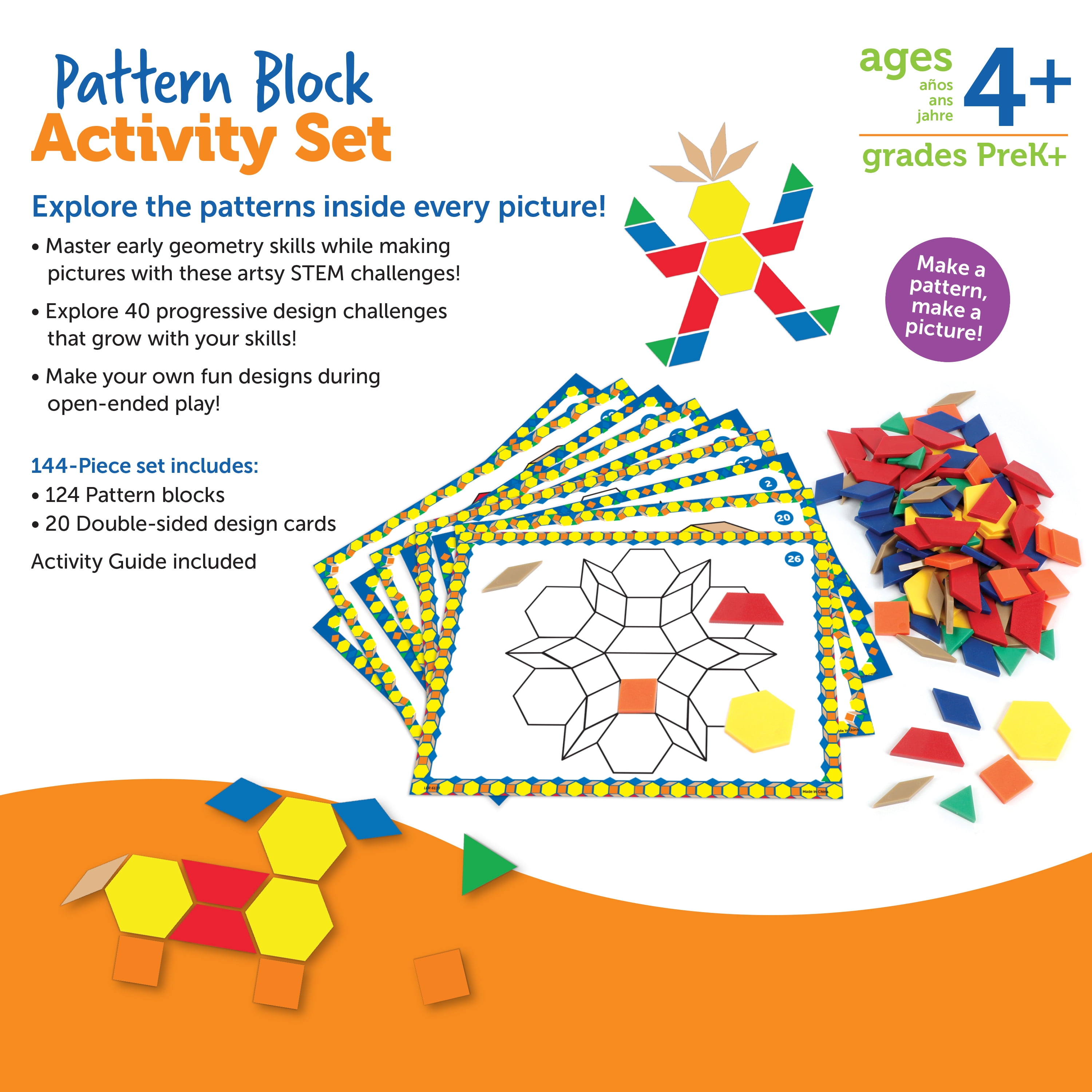 Learning Resources Pattern Block Activity Set, 20 Double-Sided Cards, Ages 4+