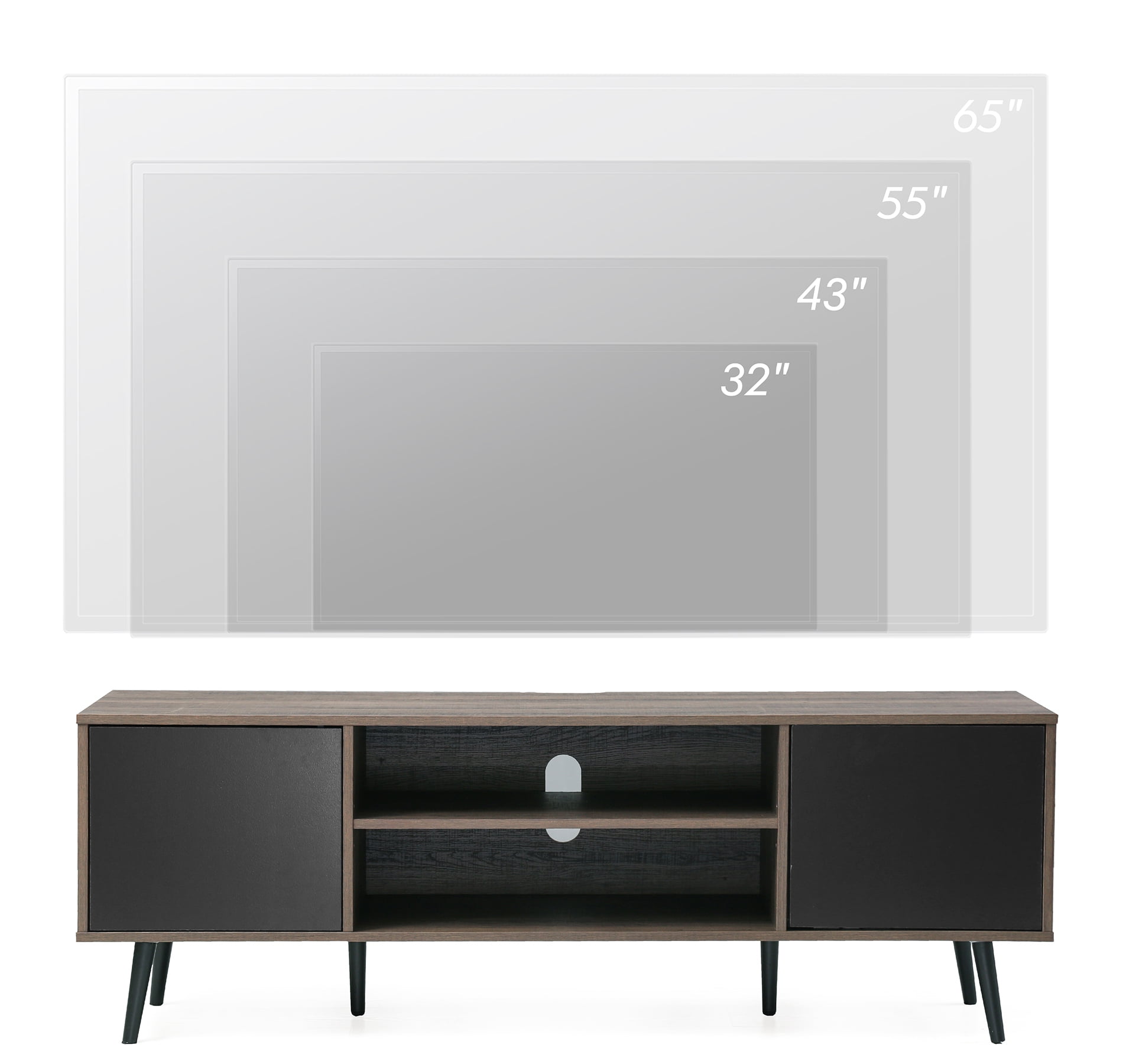 LED Mid Century Modern TV Stand for 65 inch Flact Screen, Wood TV Cabinet Media Console with Storage Black/Brown