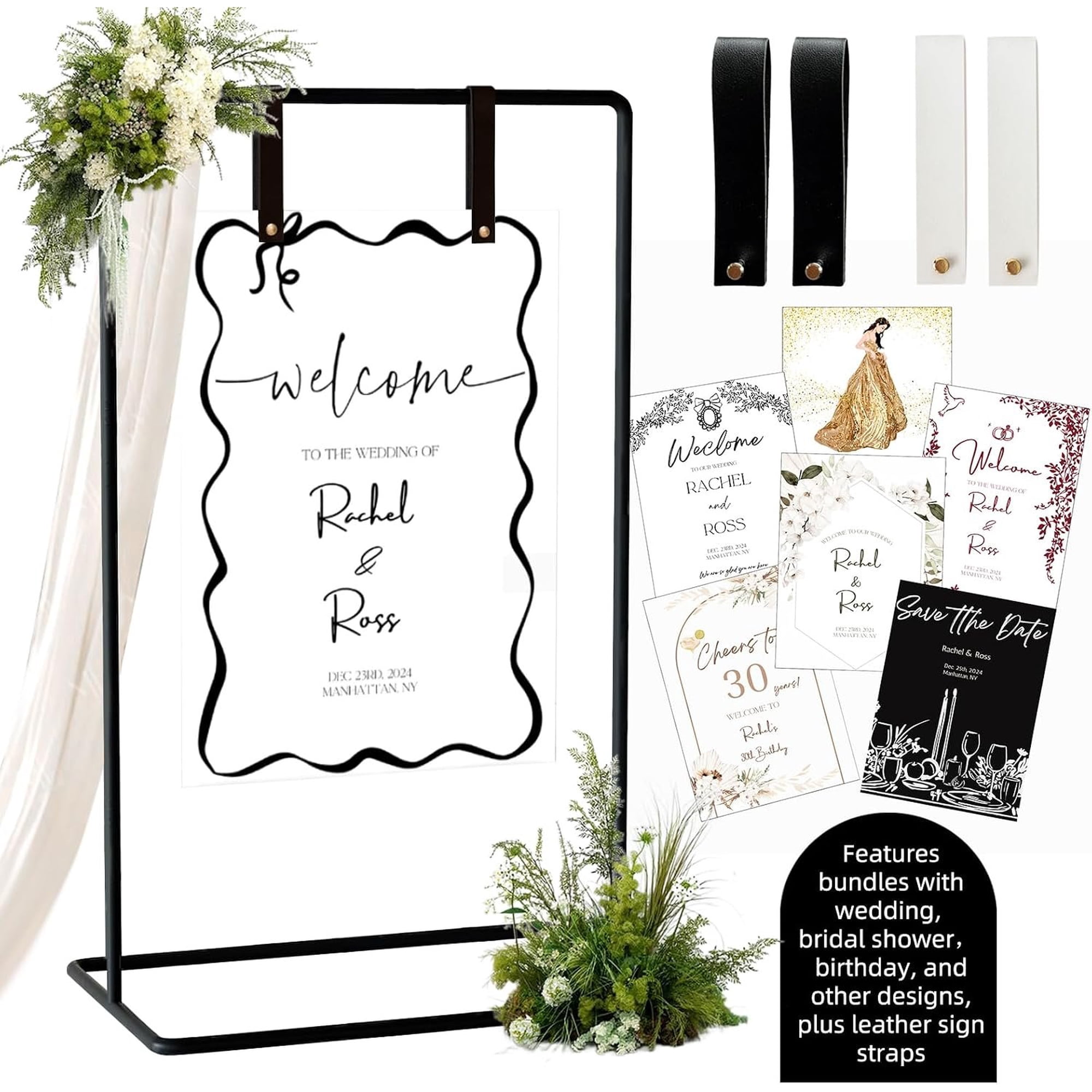Wedding Sign Holder, Adjustable Welcome to Our Wedding Sign Stand W/Design Bundle & Leather Sign Straps, Heavy Duty Easel Stand for Sign, Wedding Seating Chart Stand, Easel for Display (Black)
