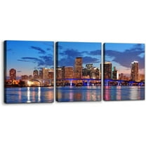 Cityscape Wall Art Set of 3 - Miami Beach Skyline Night Cityscape Miami City - Perfect for Modern Home Decor - Ideal Wall Decor for Living Room Bedroom Bathroom and Office (12"x16"x3)