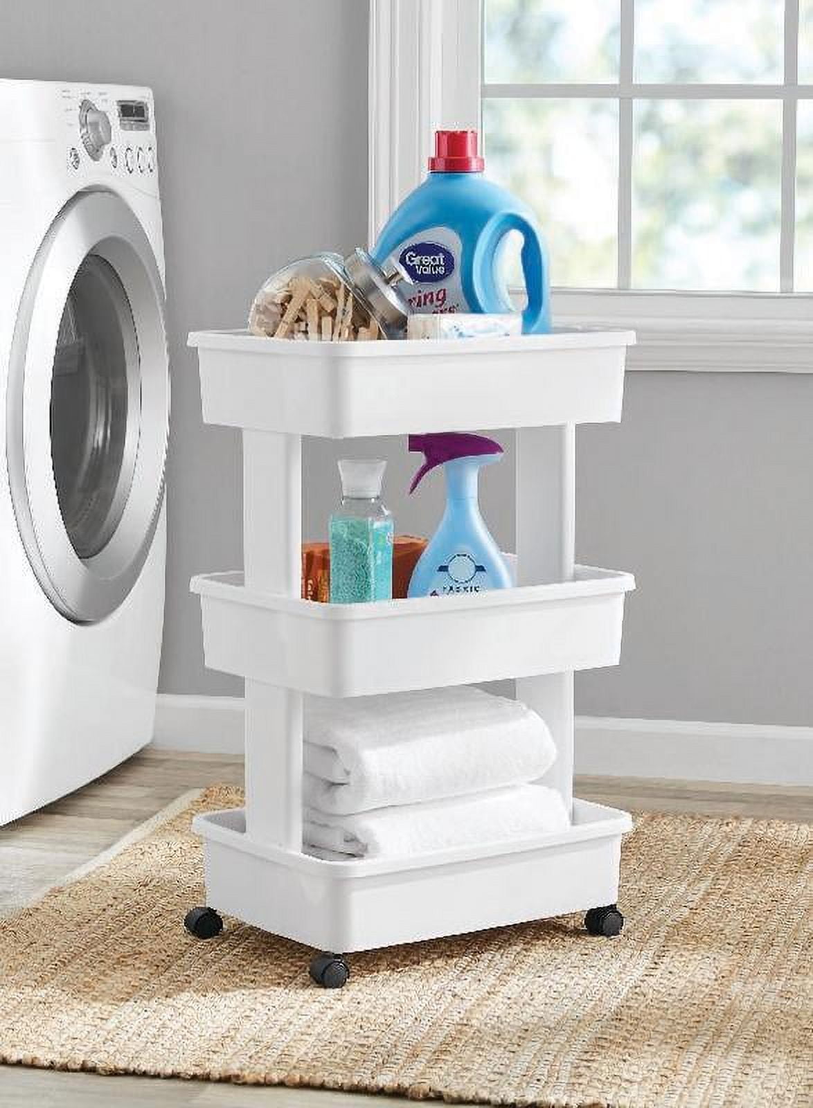 Mainstays 3 Tier Plastic Multi Purpose Rolling Laundry Cart White Case Pack 1
