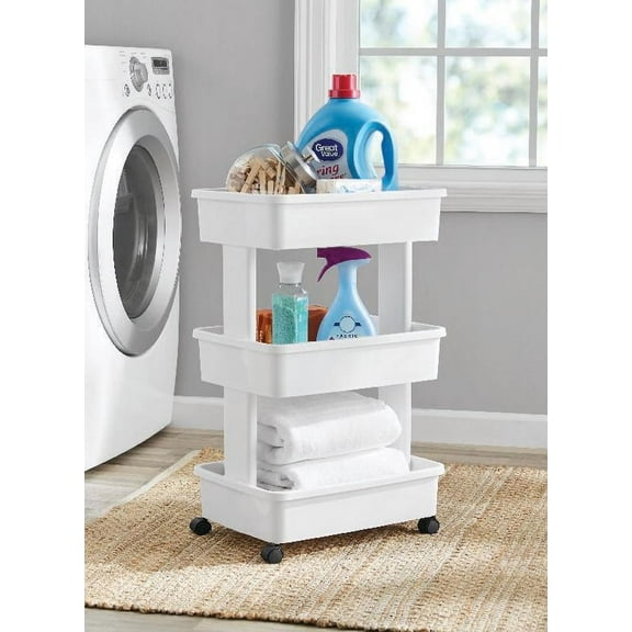Mainstays 3-Tier Plastic Multi-Purpose Rolling Laundry Cart, Arctic White, Case Pack 1