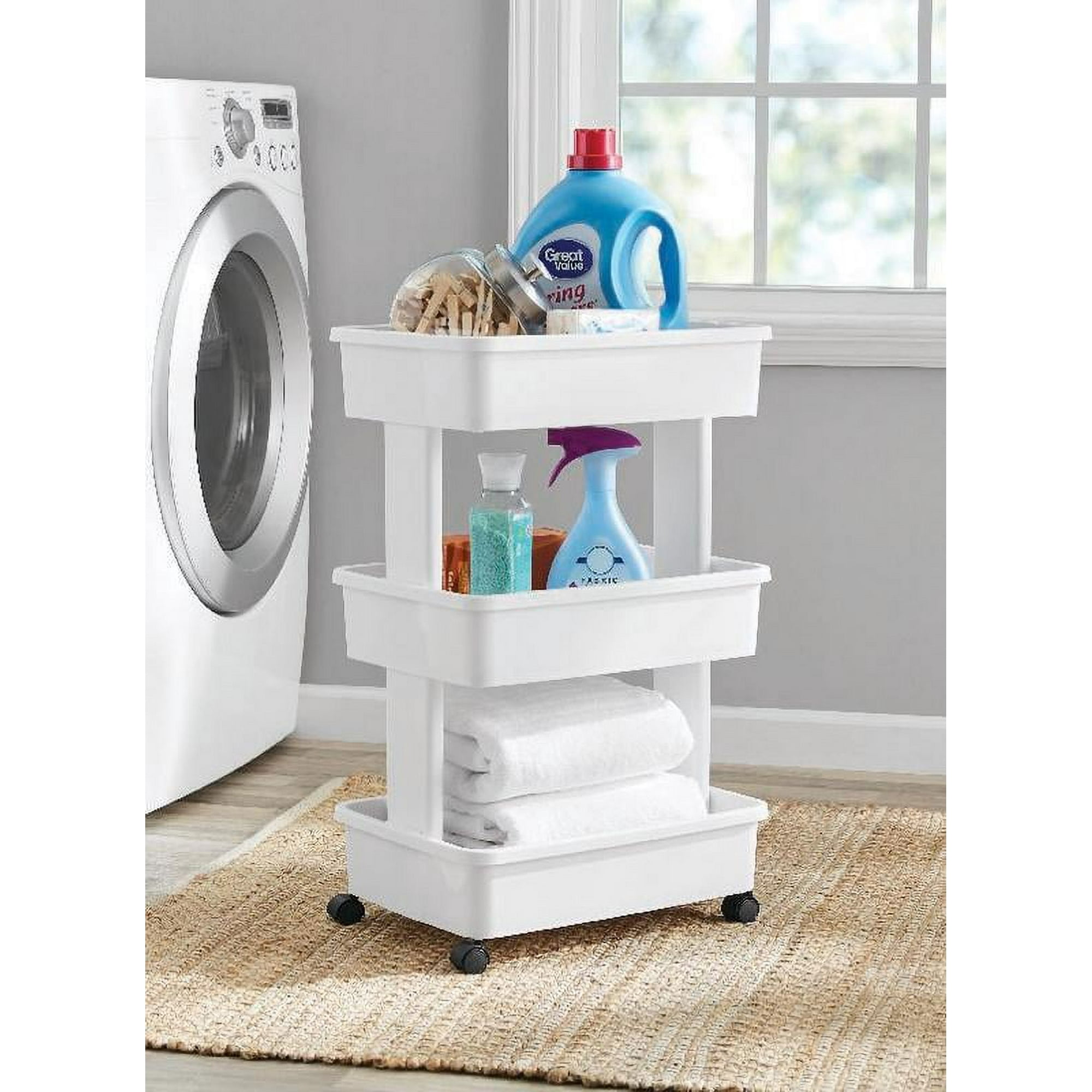 Mainstays 3-Tier Plastic Rolling Laundry Cart, Arctic White