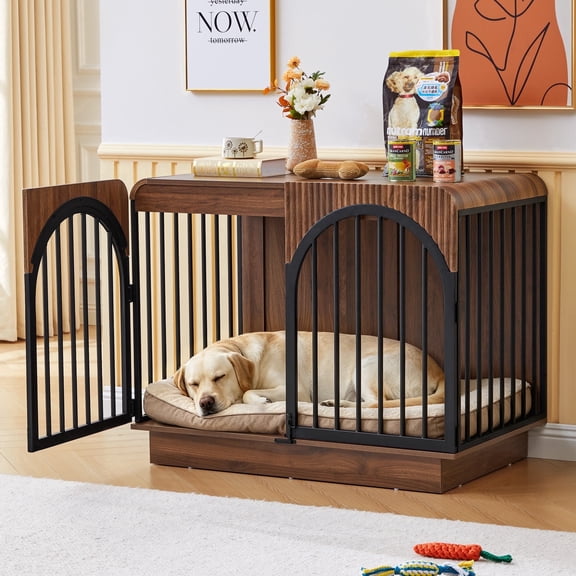 YOCWO 40 inch Dog Crate Furniture for Medium Small Dog, Fluted Wood Dog Cage Furniture for Indoor as End Table, Walnut