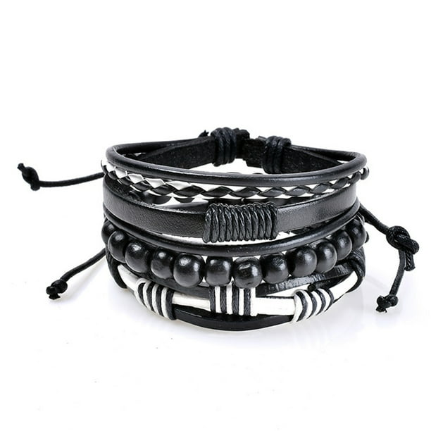 Pulsera de cuero retro trenzada multicapa para mujer y hombre, color negro mixto 61178118