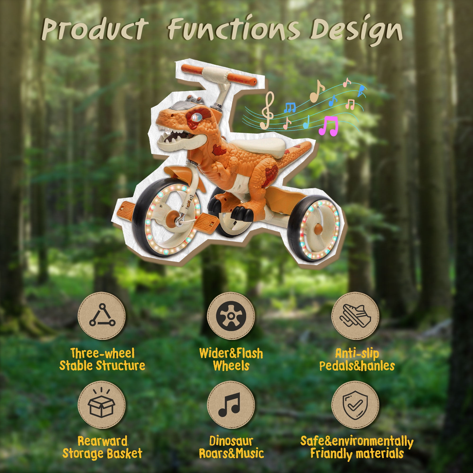 Xuanlur Kids Ride on Dinosaur Tricycle, Toddlers Kid Trike with EVA Wide Flash Wheels, Anti-Slip Pedals, Rear Basket, Music & LED Lights, Toddler Bike Toys Gift for 3-6 Year Old Boys & Girls (Orange)