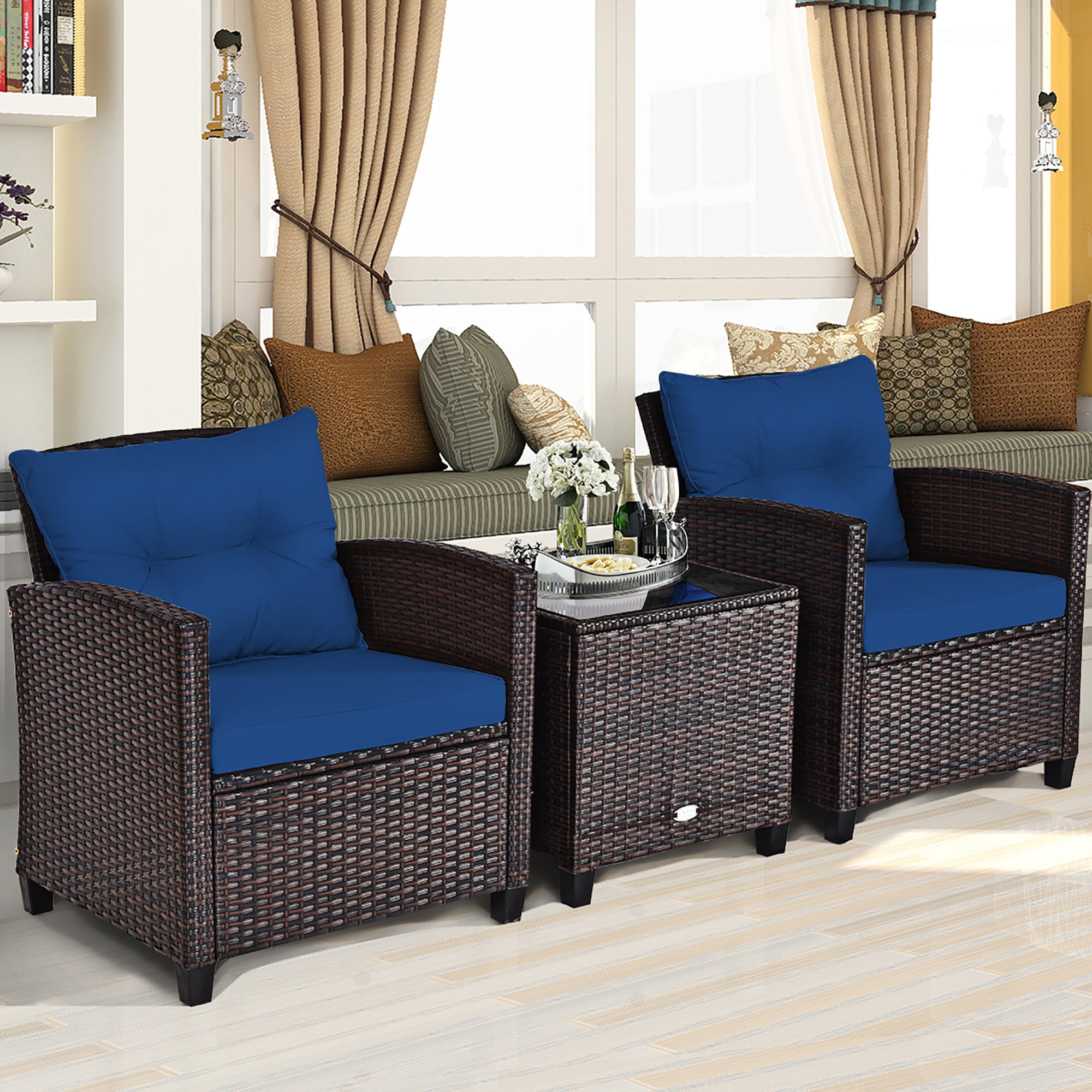 Costway 3PCS Patio Rattan Furniture Set Cushioned Conversation Set Coffee Table Navy