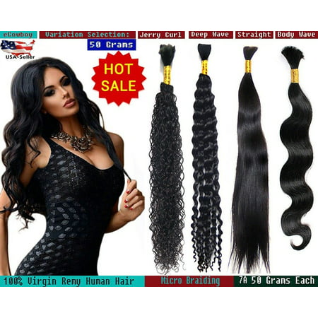 eCowboy DIAMOND Grade Bulk Hair for Micro Braiding 100% Virgin REMY Hair Can be Dyed Bleached ABSORBS Color Well Deep wave, 100 Grams/bundle Natural Black (The Best Weave For Natural Hair)