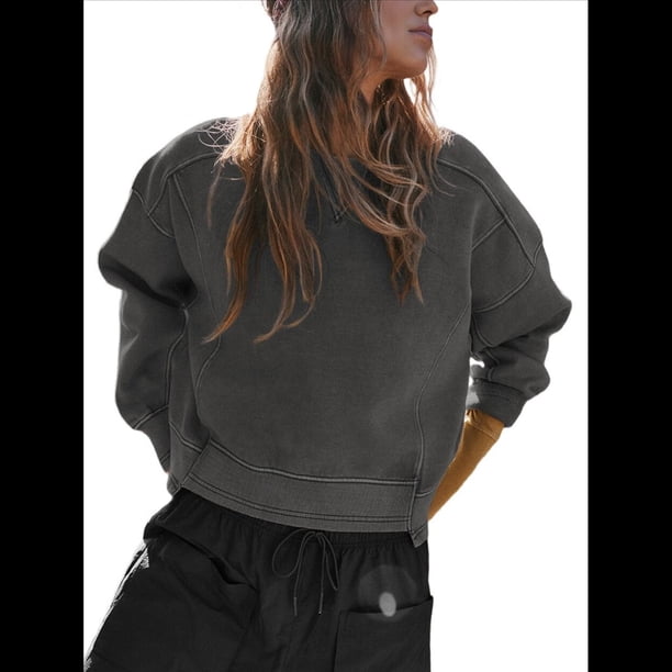 Sudadera Corta para Mujer, Cuello Redondo, Larga, Talla Grande, Otoño-Invierno 2025, Estilo Jersey Holgado. Gris Oscuro L