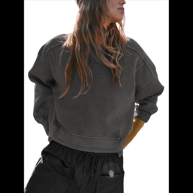 Sudadera Corta para Mujer, Cuello Redondo, Larga, Talla Grande, Otoño-Invierno 2025, Estilo Jersey Holgado. Gris Oscuro M