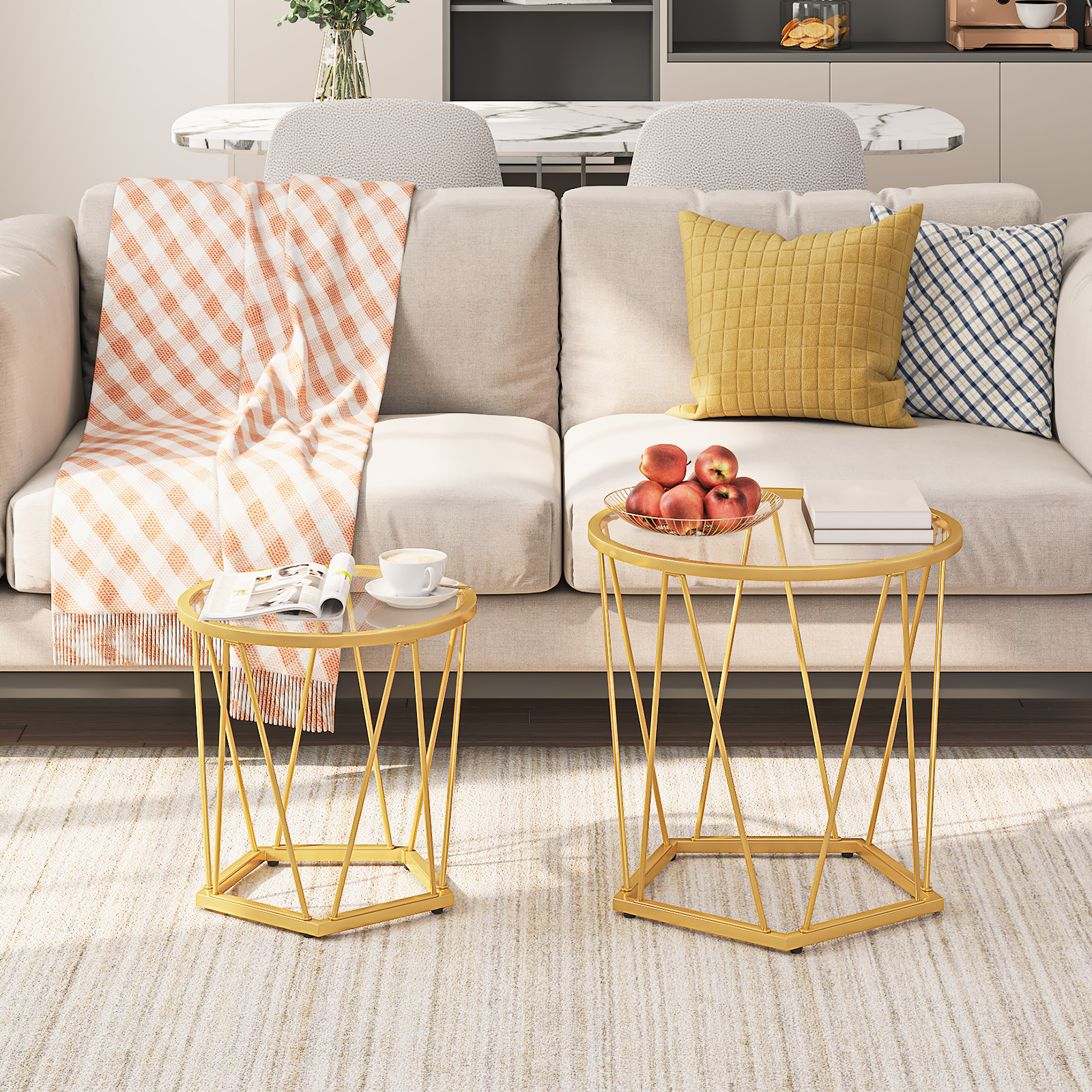 HOOBRO Round Coffee Table Set of 2 Gold End Table Modern Tempered Glass Living Room Bedroom Balcony Yard GD79BZ01