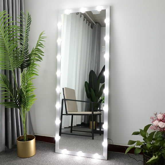 Resenkos LED Against Wall Full Length Mirror with Vanity Lights for Body Dressing, Bedroom Hanging Standing Mirror with Silver Aluminum Alloy Frame