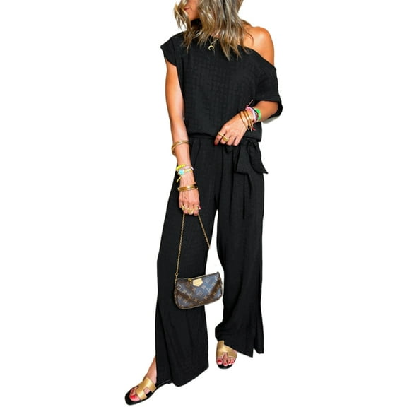 Women's Black Checkered Mesh One Shoulder Jumpsuit with Knotted Waist | [ZhiHiMeRi] | (US 12-14)L