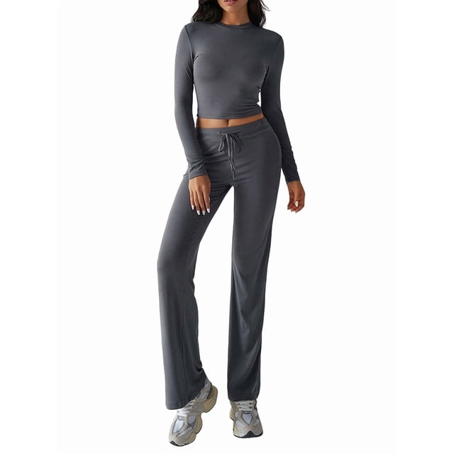 Conjuntos de 2 Piezas para Mujer, Larga, Cuello Redondo, Pantalones Acampanados de Cintura Alta, Conjuntos de Chándal, Ropa de Calle. Gris Oscuro L