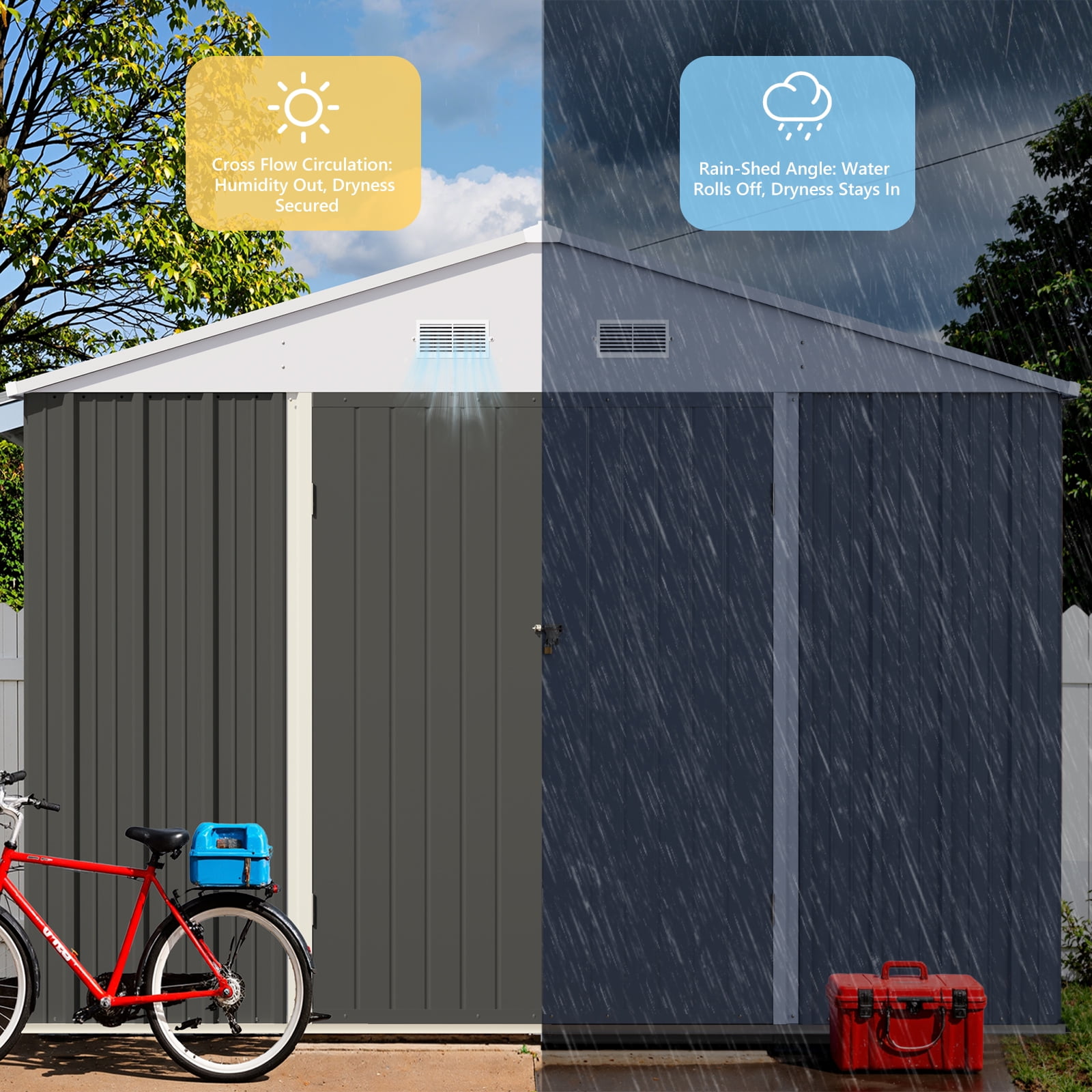 Patiowell,Outdoor Storage Shed Metal 10x14FT,Gray-White for Patio Garden Tool Storage