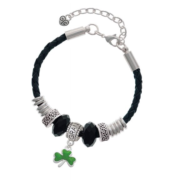 Delight Jewelry Silvertone Translucent Green Shamrock Grandmother Celtic Knot Leather Bead Bracelet, 7" 2" Extender