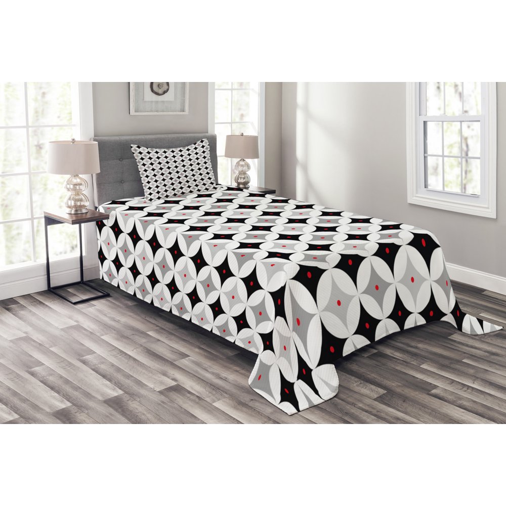 Mid Century Bedspread Set, Retro Styled Atomic Composition with Vintage Diamond Line Pattern