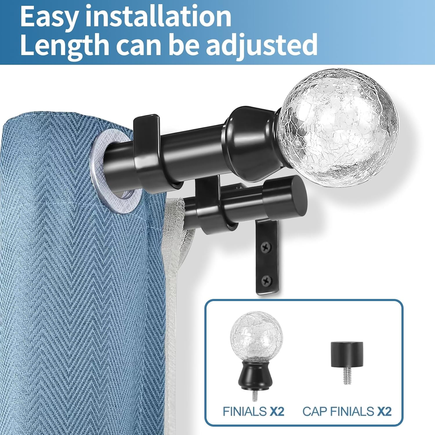 Urbanest Adjustable Double Curtain Rod Set Crackle Glass Manhattan Finials – 1″ Front & 3/4″ Back Rod With Black Rod, 28–48 Inches
