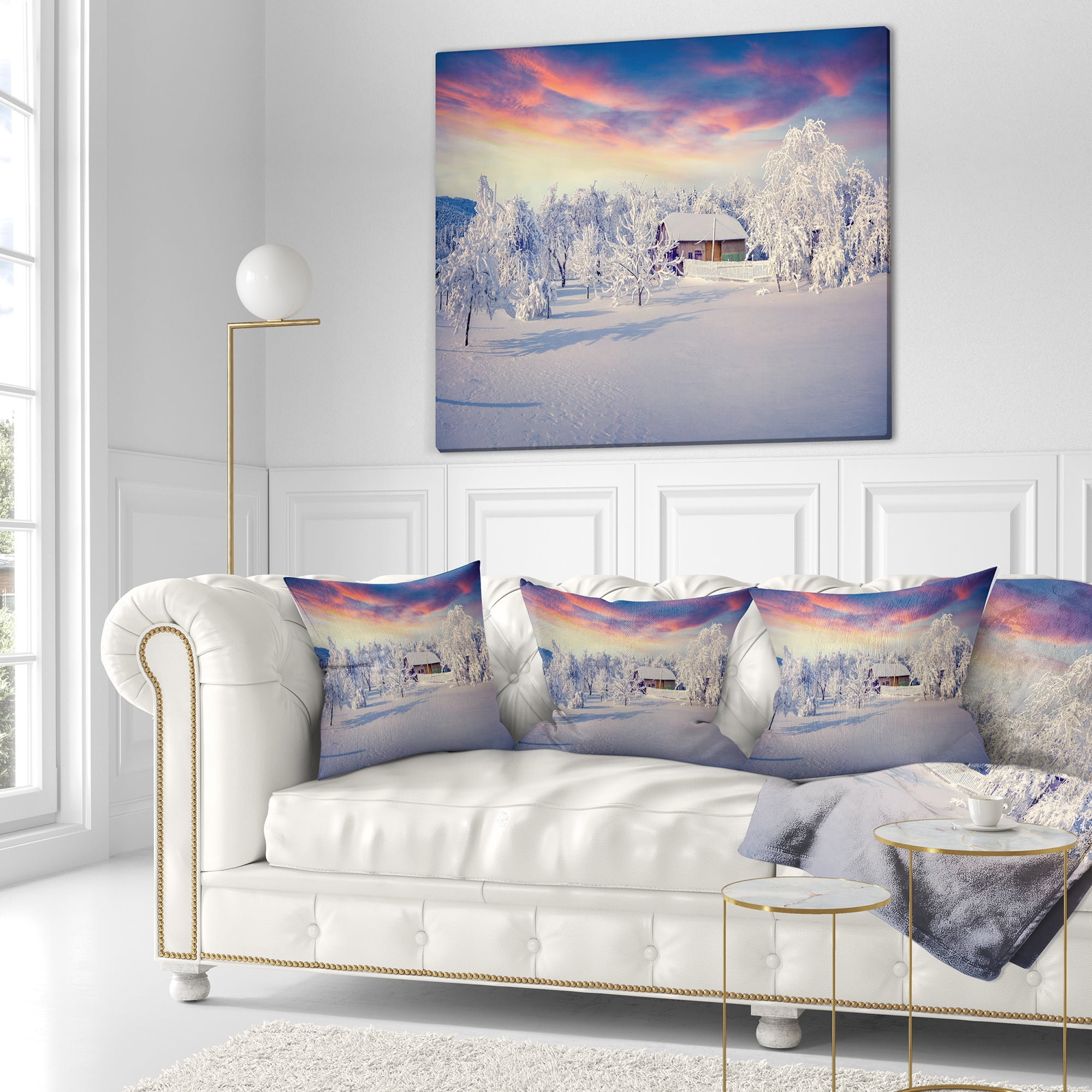 Designart Snowfall Covering Trees and Houses - Landscape Printed Throw Pillow - 18x18