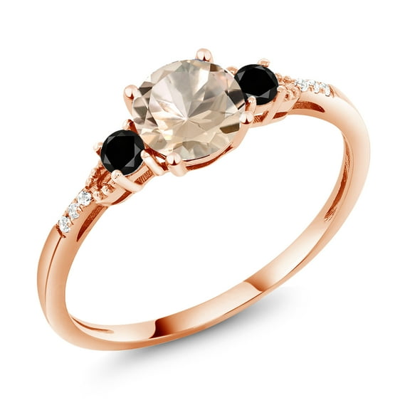 Gem Stone King 10K Rose Gold Peach Morganite Black Diamond and White Diamond Accent 3-Stone Engagement Ring for Women (0.77 Cttw, Round 6MM, Gemstone October Birthstone, Size 8)