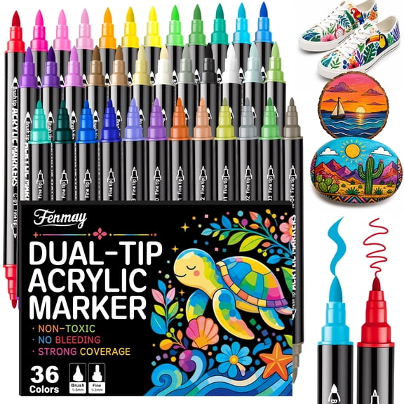 36 Colors Dual Tip Acrylic Paint Markers, 1mm Fine & 1-5mm Brush Tip Paint Pens for Rock, Wood, Canvas, Ceramic, Glass, Metal, DIY Crafts & Calligraphy