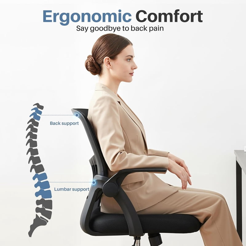 Simenmax Ergonomic Office Chair, Home Desk Computer Mesh Chair with Flip-Up Arms, Breathable Mid Back Chair for Small Spaces, Black