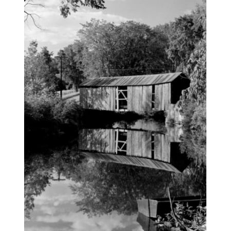 USA Vermont Fairfield covered bridge reflecting in lake Stretched Canvas -  (24 x