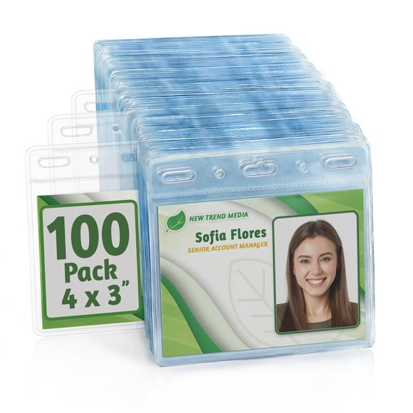 EcoEarth Protège-Cartes Horizontal avec Bord Souple (Grand 4x3, Lot de 100) Pochette en Plastique Transparent pour Porte-Insignes de Nom d'Identité, Pochettes pour Étiquettes de Nom de Conférence, Sans Fermeture Éclair pour un Chargement Rapide et Facile des Inserts de Cartes