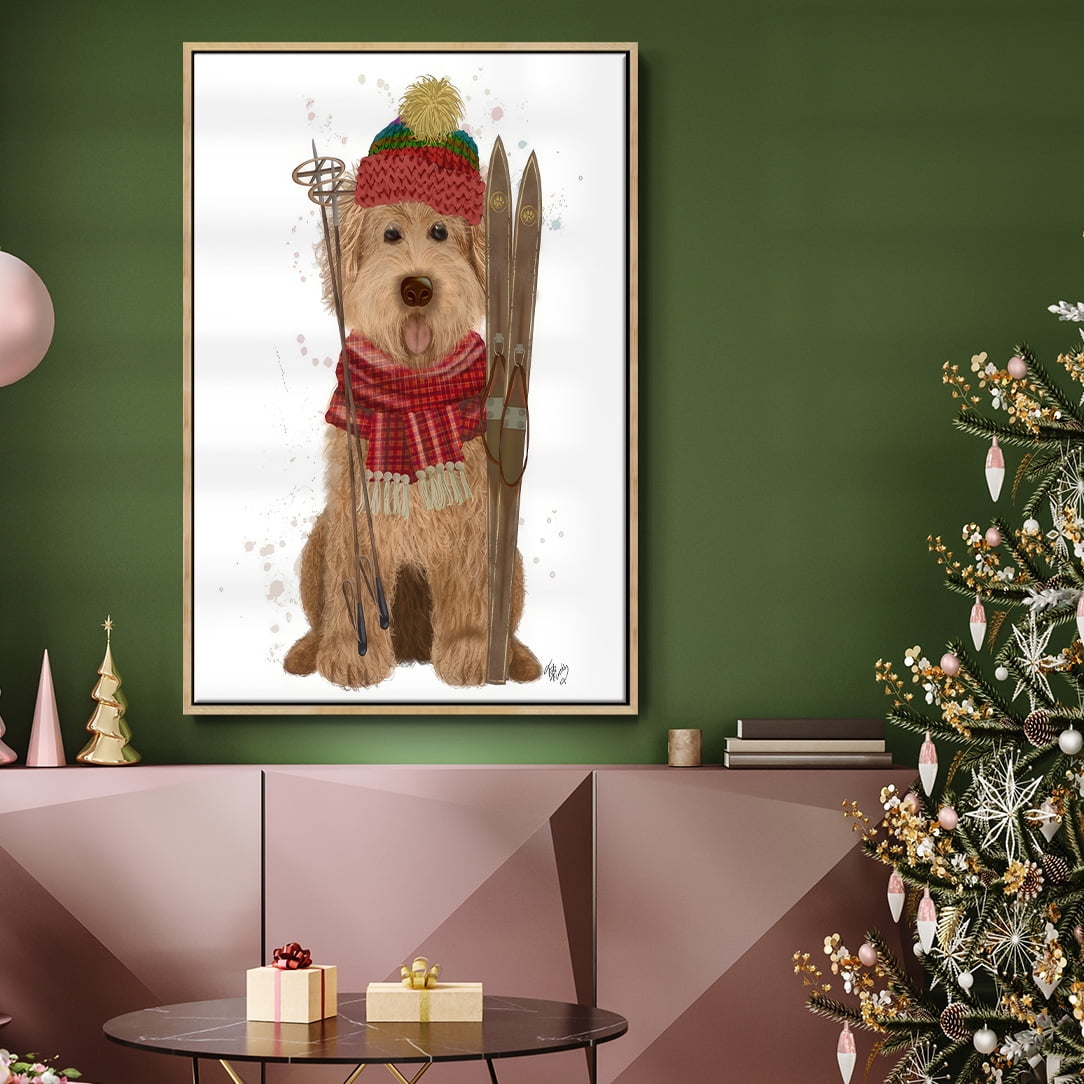 Goldendoodle Ski Dog - Framed Gallery Wrapped Holiday Canvas - 17 x 25 - Natural Wood Frame