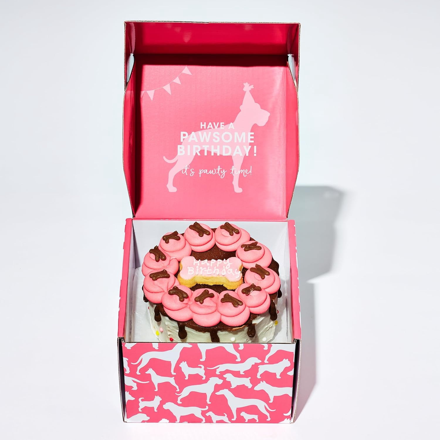 Thoughtfully Dog Birthday Cake, Peanut Butter Flavored Mini Cookie Cake Treat, Hand Decorated Pink Hollow Biscuit Cake