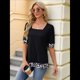 thumbnail image 5 of Camiseta de Verano para Mujer, Estilo Casual, de Corta y Cuello Cuadrado, Holgada, con Estampado de Vaca y Bloques de Color. Negro L, 5 of 9