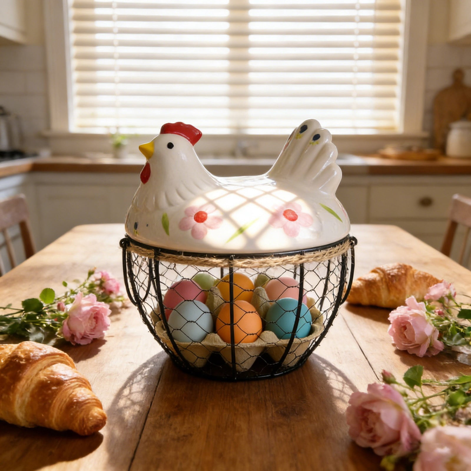 Farmhouse Egg Basket with Ceramic Lid, Black Wire Egg Holder for Fresh Eggs, Decorative Chicken Design Egg Storage Container, Kitchen Countertop Organizer Case for Eggs