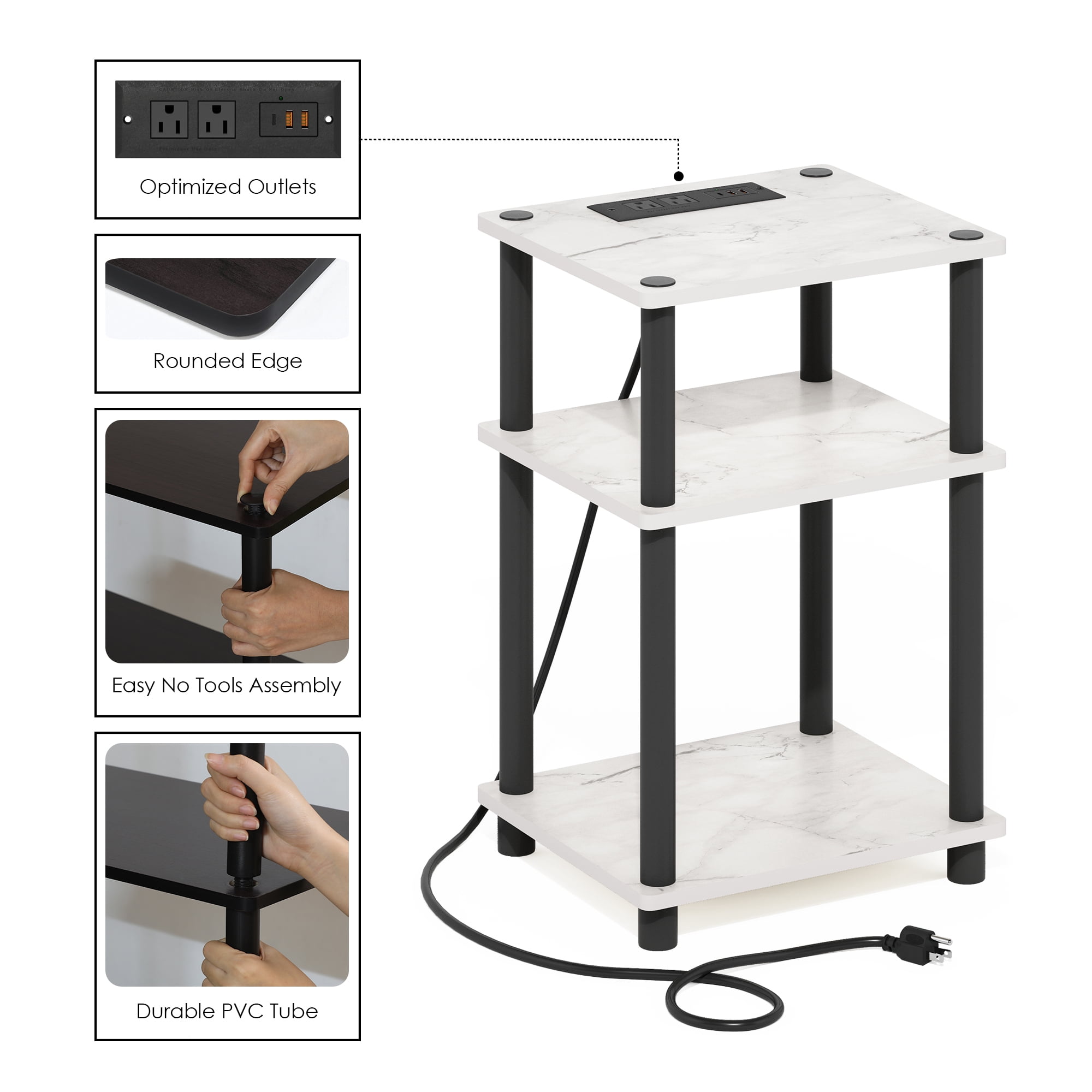 Furinno Just 3-Tier Turn-N-Tube USB and Type-C Charging Port End Table with Open Storage, Marble White/Black