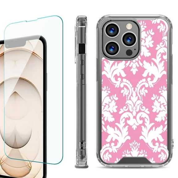 Shockproof Bumper Phone Case for iPhone 13 Pro Max, with Tempered Glass Screen Protector, by OneToughShield ® - Victorian White/Pink