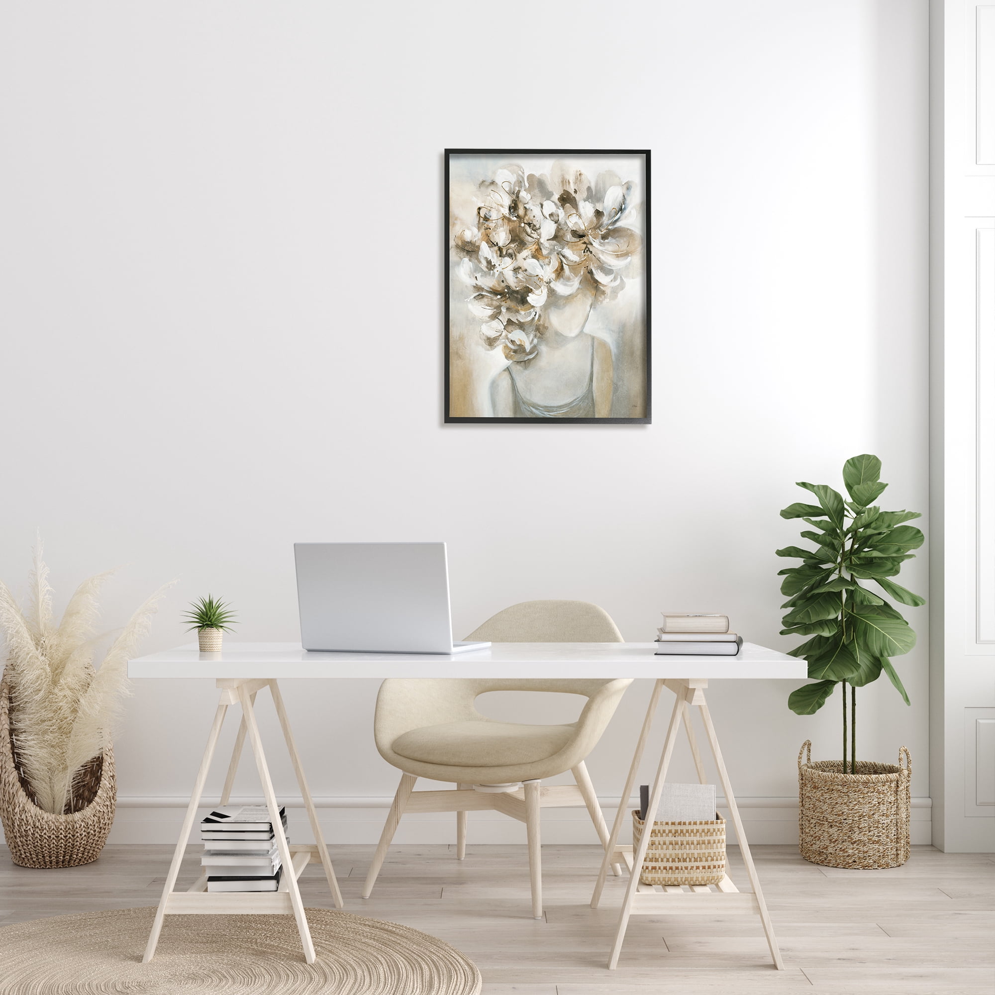Stupell Industries Muted Female Portrait Abstract Floral Petal Hair Botanical & Floral Painting Black Framed Art Print Wall Art, 24 x 30