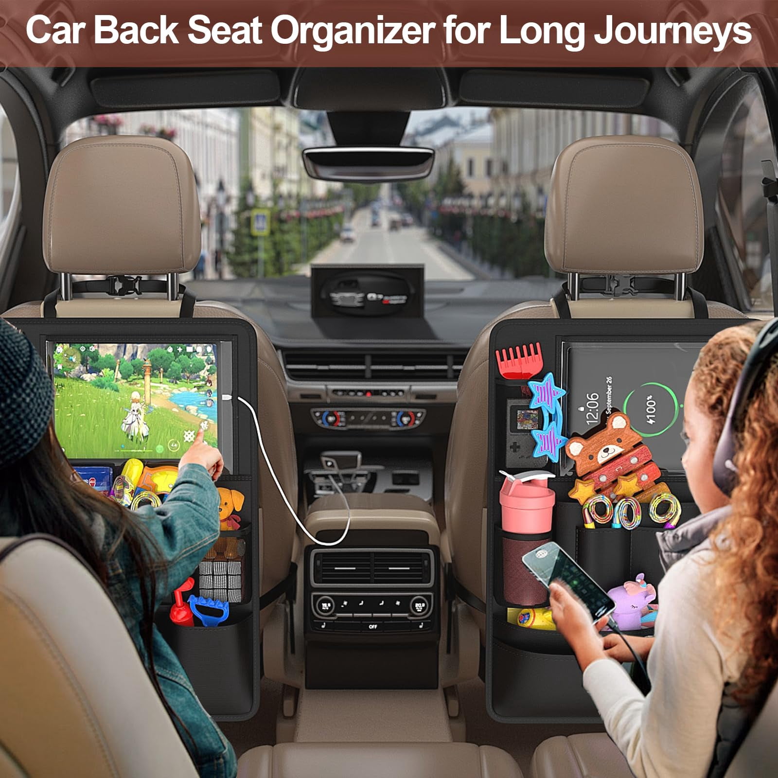 2-Pack Car Backseat Organizer with Table Tray,Supports up to 22 lb,9 Storage Pockets with Touch Screen Tablet Holder,Foldable Food Tray, Protective Kick Mats,Travel Accessories Organizer,Black